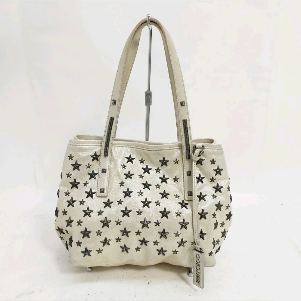 Jimmy Choo Cream Shimmer Star-Studded Nylon W/ Suade Shoulder Bag (EUC)COA CARD✨ - Picture 5 of 14